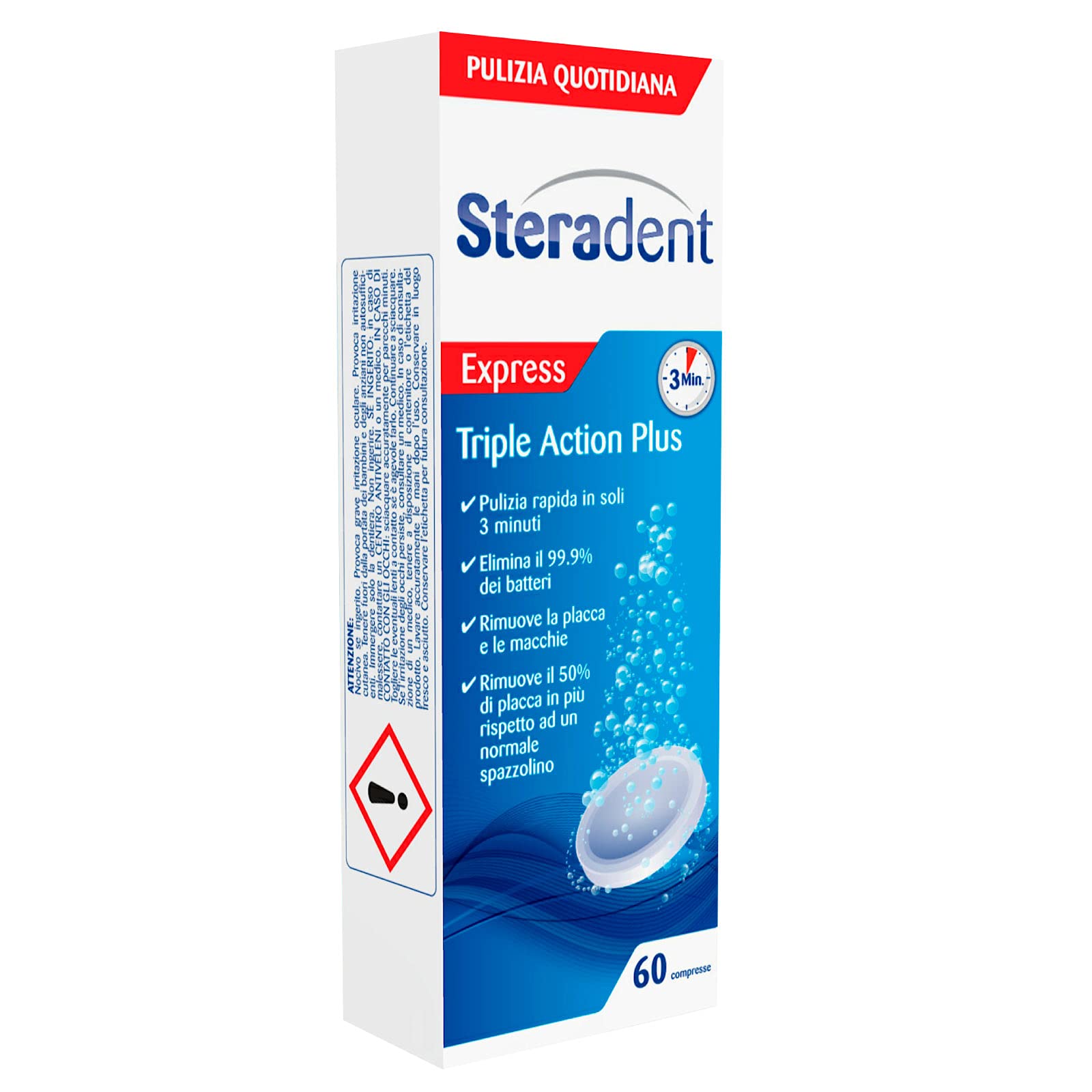Steradent Express, Compresse Effervescenti per la Pulizia della Protesi Dentale, Sensazione di Freschezza, 90 Pastiglie