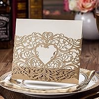 Vista 2 de Wishmade - Juego de 50 invitaciones de boda con corte láser en forma de corazón color dorado y elegante para invitación de papel para matrimonio