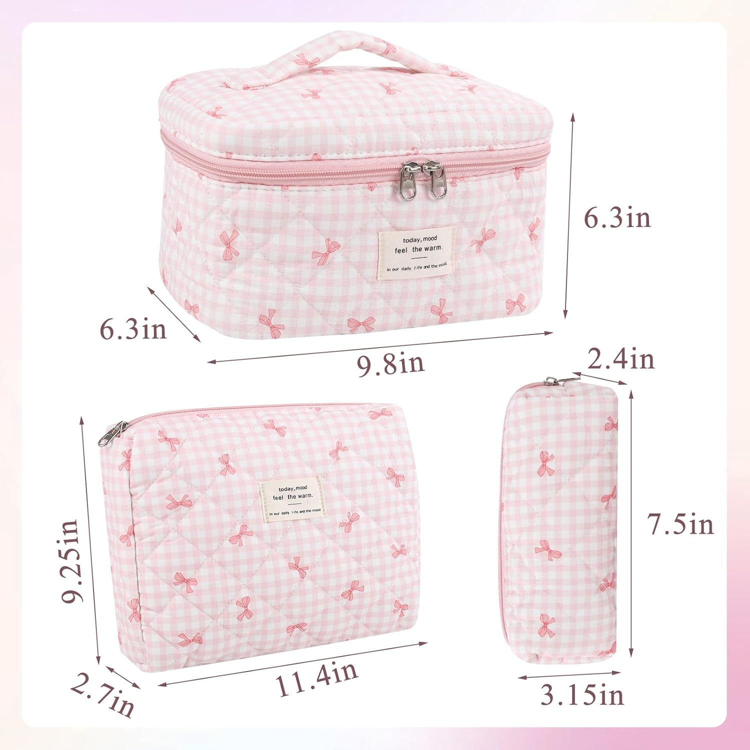 Anfly Makeup Bag, Quilted Cosmetic Bags, Large Floral Make Up Bag for Women, Cute Cotton Makeup Bag 3PC Set, Travel Toiletry Bag (Pink) - Image 6