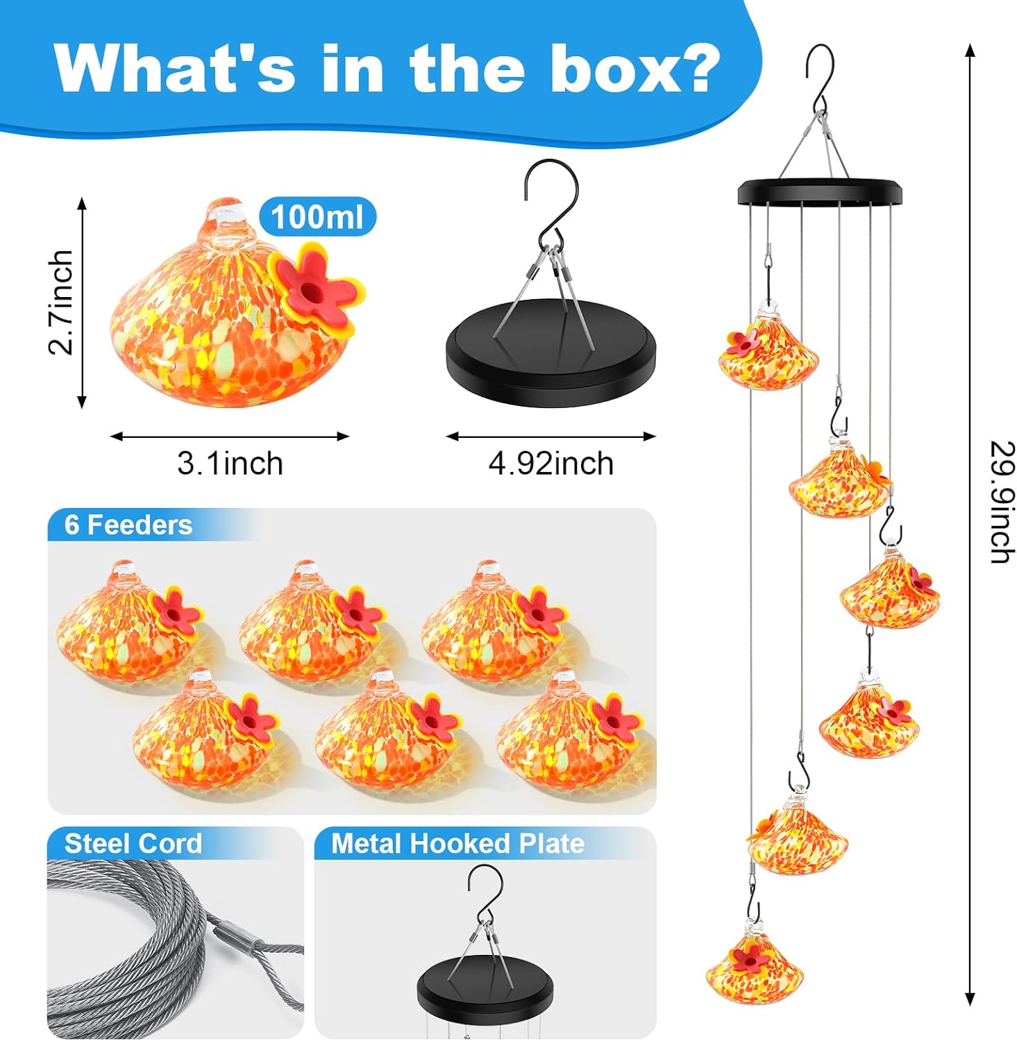 Wind Chime Glass Hummingbird Feeder - 20 Oz Outdoor Hanging Feeder with 6 Ports, Attract More Hummingbirds, Leak-Proof Design, Unique Garden Backyard Decor & Ideal Gift (Orange)