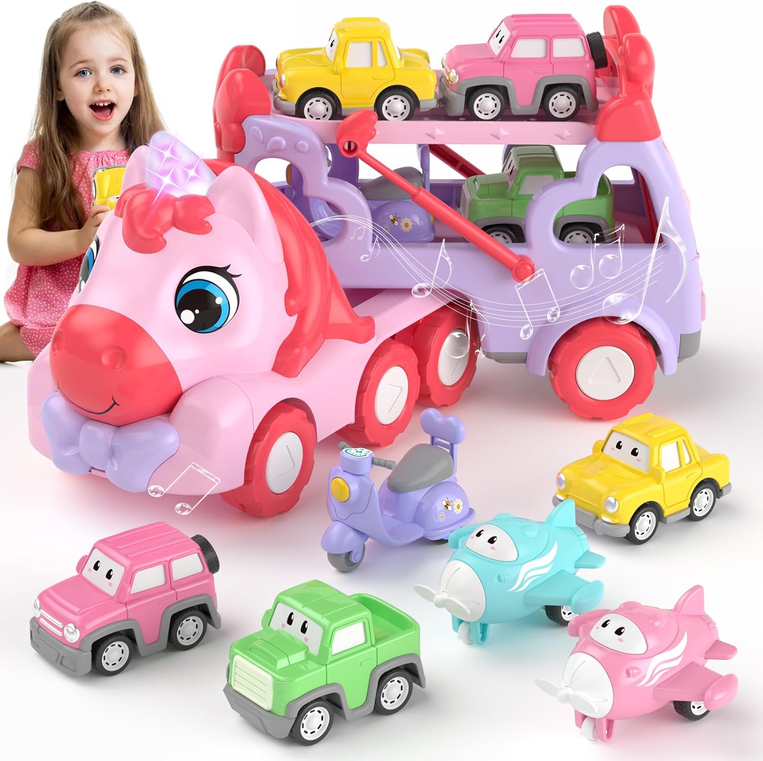 newcrave Toys for 1 2 3 Year Old Girl, 7-in-1 Carrier Truck with Light & Music, Toddler Girl Toys Age 1-3 2-4, 1 + 2 + 3 Year Old Girls Birthday Gifts Christmas Easter