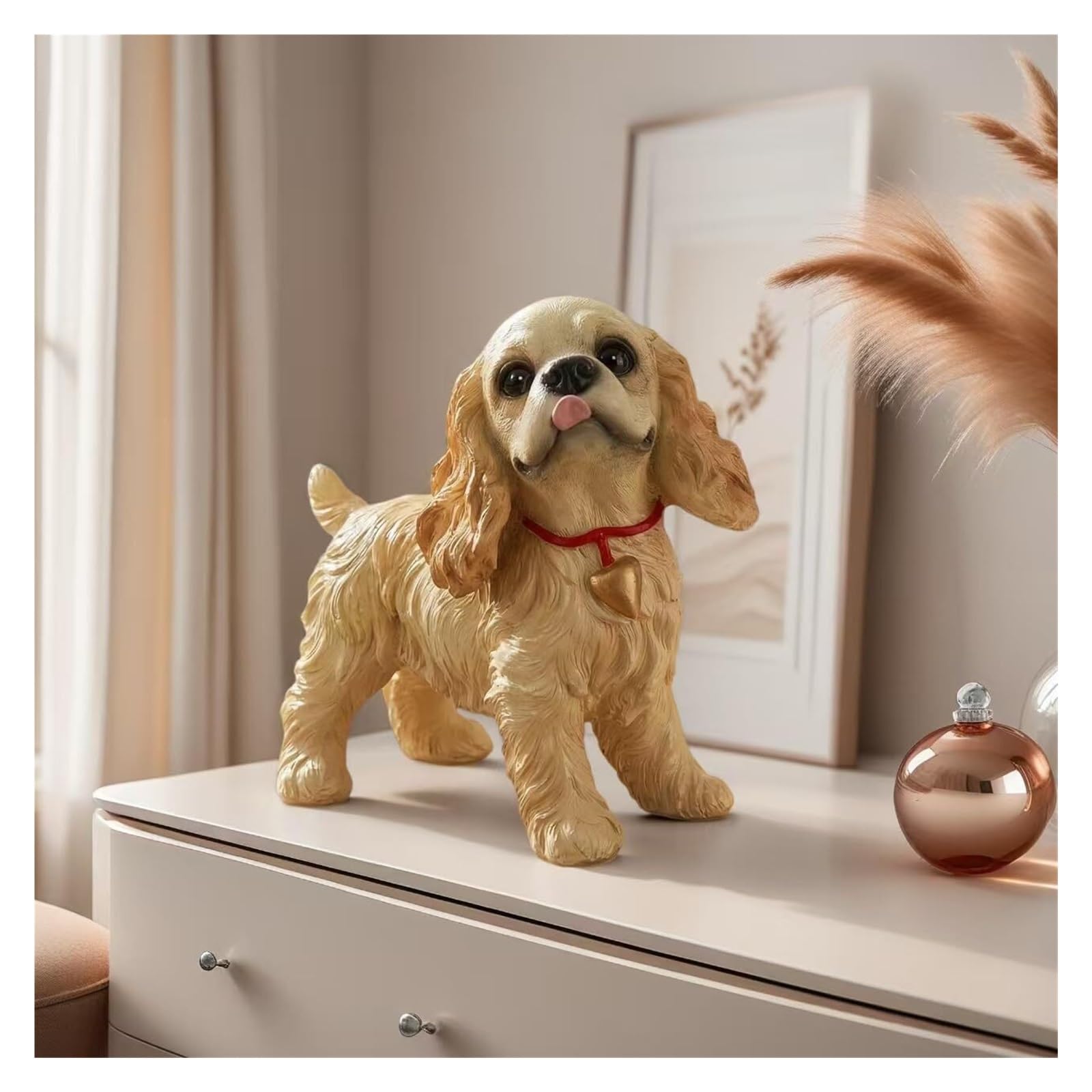 Yofab Cute Figurines Decorative Cute Dog Figurine Golden Tan With Red Collar Resin Statue Shelf Decor