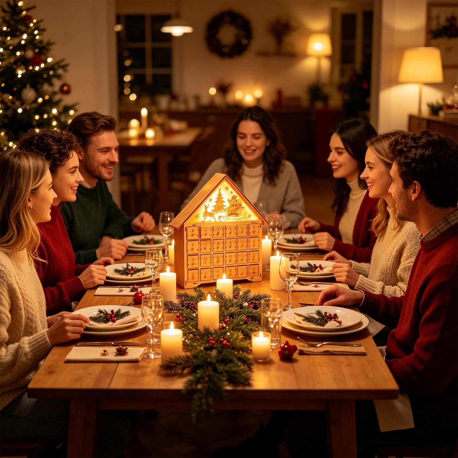 Calendario dell'Avvento per Natale, mobile da scrivania in legno a forma di