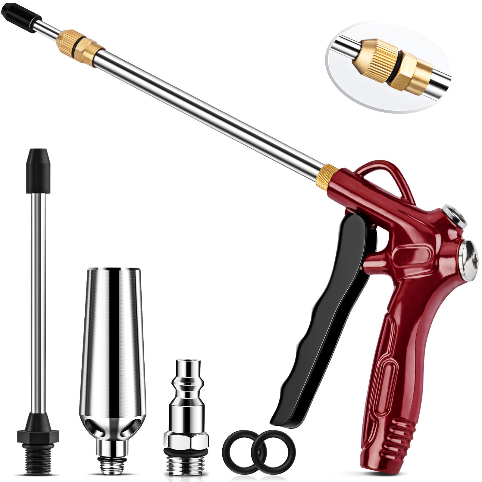 High Flow Air Blow Gun with Adjustable 8-14 Inch Extension, Upgraded Red Air Nozzle Blower w/Powerful Venturi Nozzle & 1/4'' Standard Quick Plug, Dust Cleaning Gun for Air Compressor Accessories