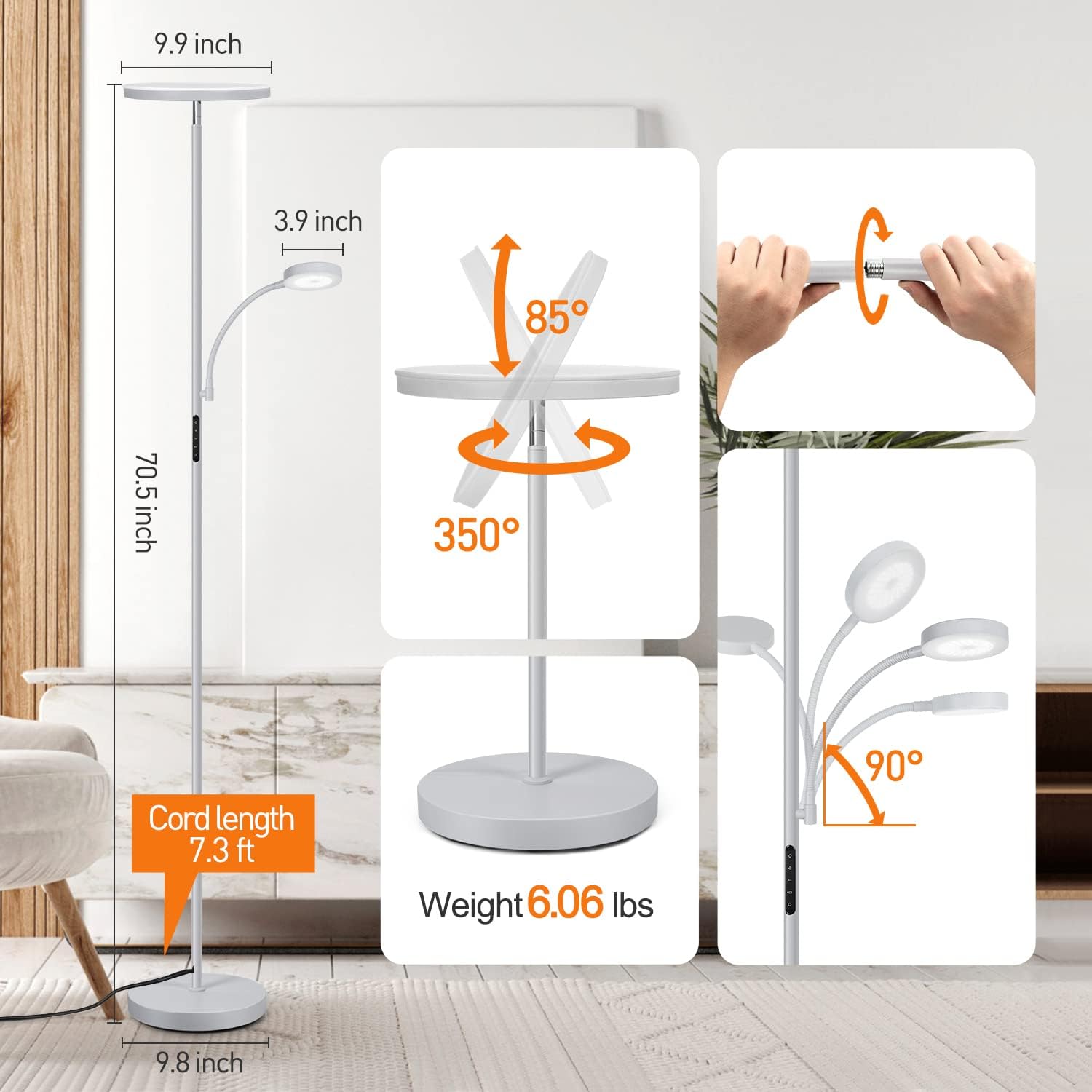 OUTON LED Floor Lamp, 27W/2400LM Torchiere Lamp & 7W/ 400LM Reading Lamp, Bright Dimmable Standing Tall Lamp with 4 Color Temperature, Remote Touch Control for Living Room Bedroom Office, Silver Grey