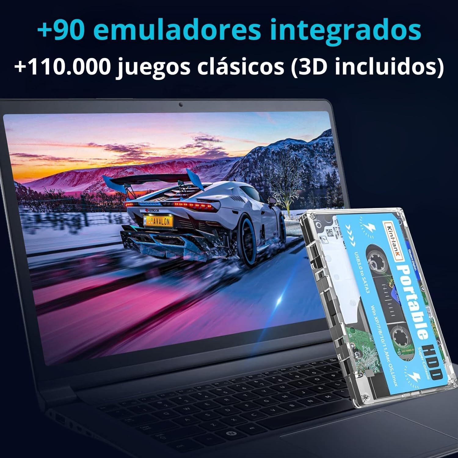Kinhank - Disco Duro Externo portátil 500 GB HDD Integrado con +111.000 Juegos, Sistema Batocera 33 con más de 80 emuladores clásicos y AAA, soporta Windows y MacOS - SVP Game (500 GB + 2 Mandos BT)