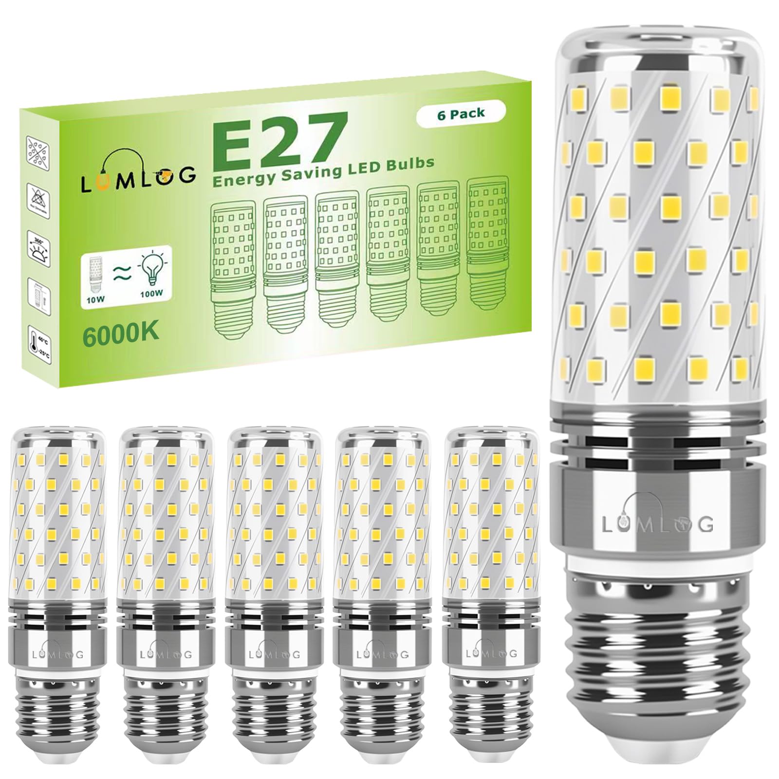 Lumlog E27 LED Bulbs Cool White 10W 6000K, E27 Edison Screw Light Bulbs, 100W Incandescent Equivalent, 1700LM Non-Dimmable Corn Light for Home Lighting, 220-240V, Pack of 6[Energy Class C]