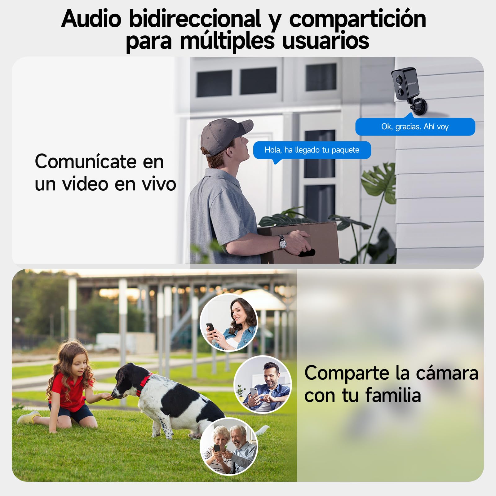 Ediloca Camara Vigilancia WiFi Exterior, Cámara de Vigilancia 2K 3MP con Rotación Horizontal de 300°, Batería Recargable, Detección Humana PIR, Visión Nocturna en Color, Audio Bidireccional, Sirena