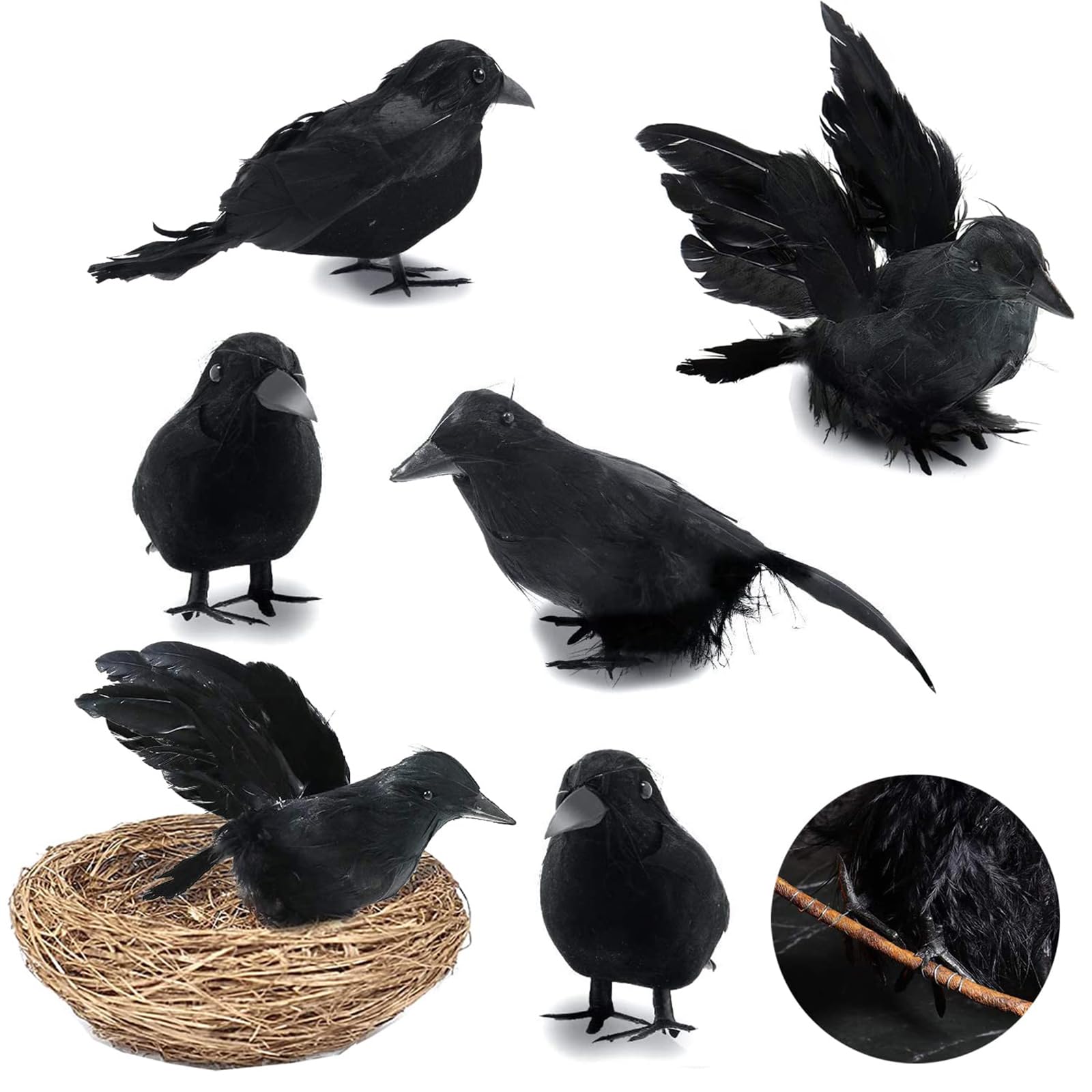 Bullpiano 6PCS Halloween Crows with Bird Nest,Black Feathered Crows,Artificial Feathered Raven Prop,Halloween Decorations,Halloween Party Decor Prop,Black Feathered Crows Decor,Crow Ornament
