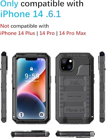 Unitedtime for iPhone 14 Case Waterproof with Built-in Screen Protector Full Body Rugged Hard Silicone, Military Grade Shockproof Dustproof Protective Cover 6.1 Inch (IP14_Black)