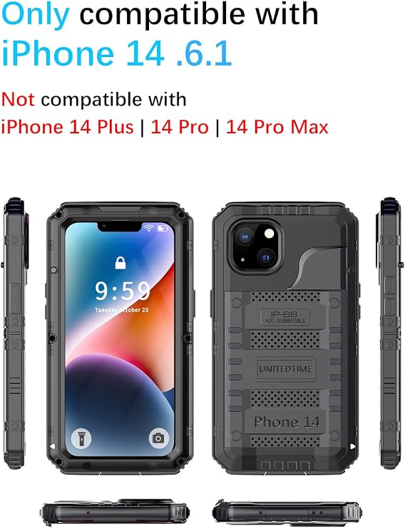Unitedtime for iPhone 14 Case Waterproof with Built-in Screen Protector Full Body Rugged Hard Silicone, Military Grade Shockproof Dustproof Protective Cover 6.1 Inch (IP14_Black)