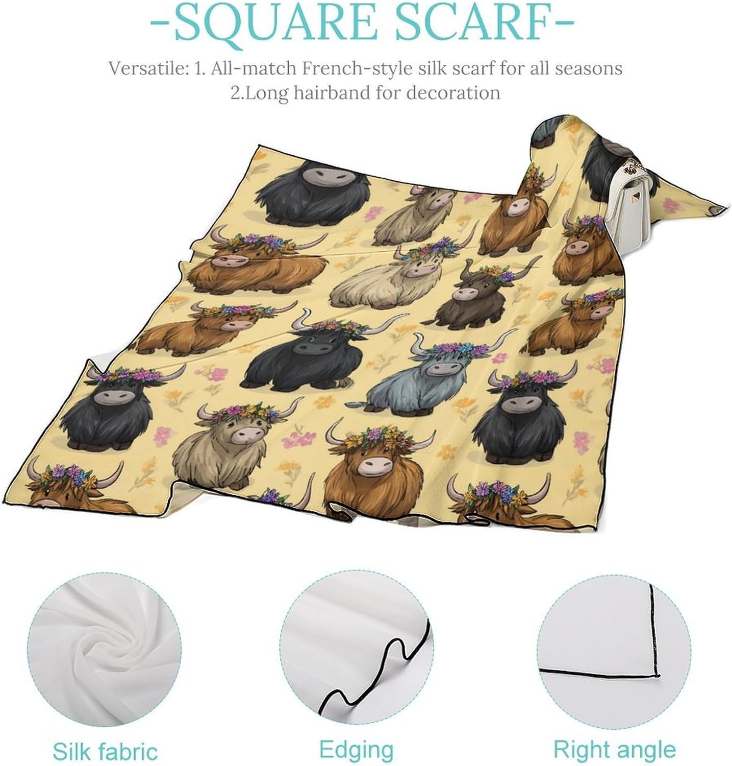 Highland Cows Silk-Like Square Scarf for Women Vintage Printed Neck Scarf Bandanas Hair Scarves