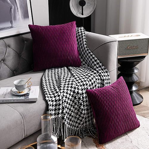 Miniatura 3 de DEZENE - Fundas de almohada de terciopelo púrpura 18x18 paquete de 2 fundas de almohada decorativas originales a rayas cuadradas para sofá de granja