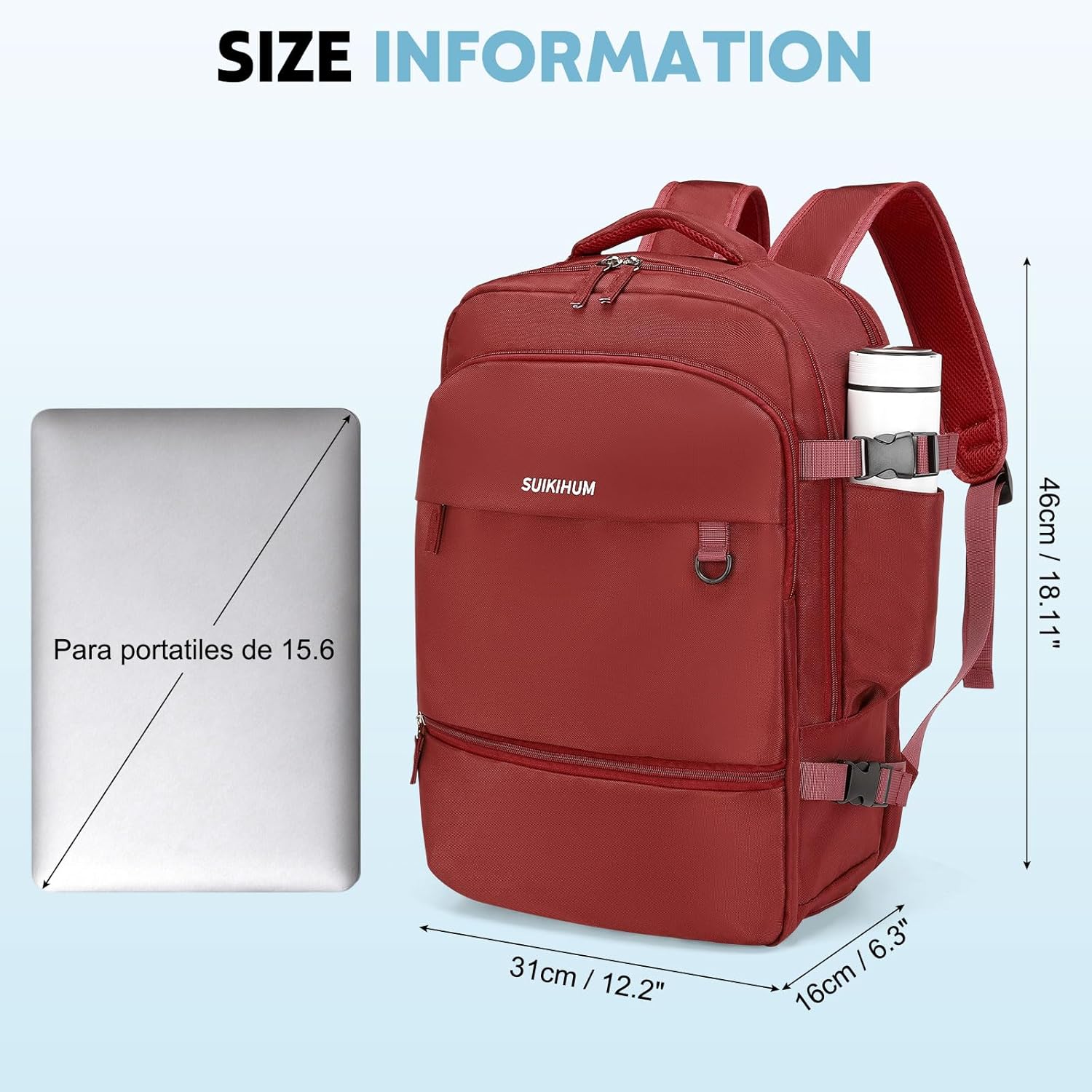 Travel Backpack for Men & Women, Carry on Laptop Backpack, Water-Resistant Oxford Fabric, Fits 16" Laptop, Anti-Theft & Luggage Strap, Red