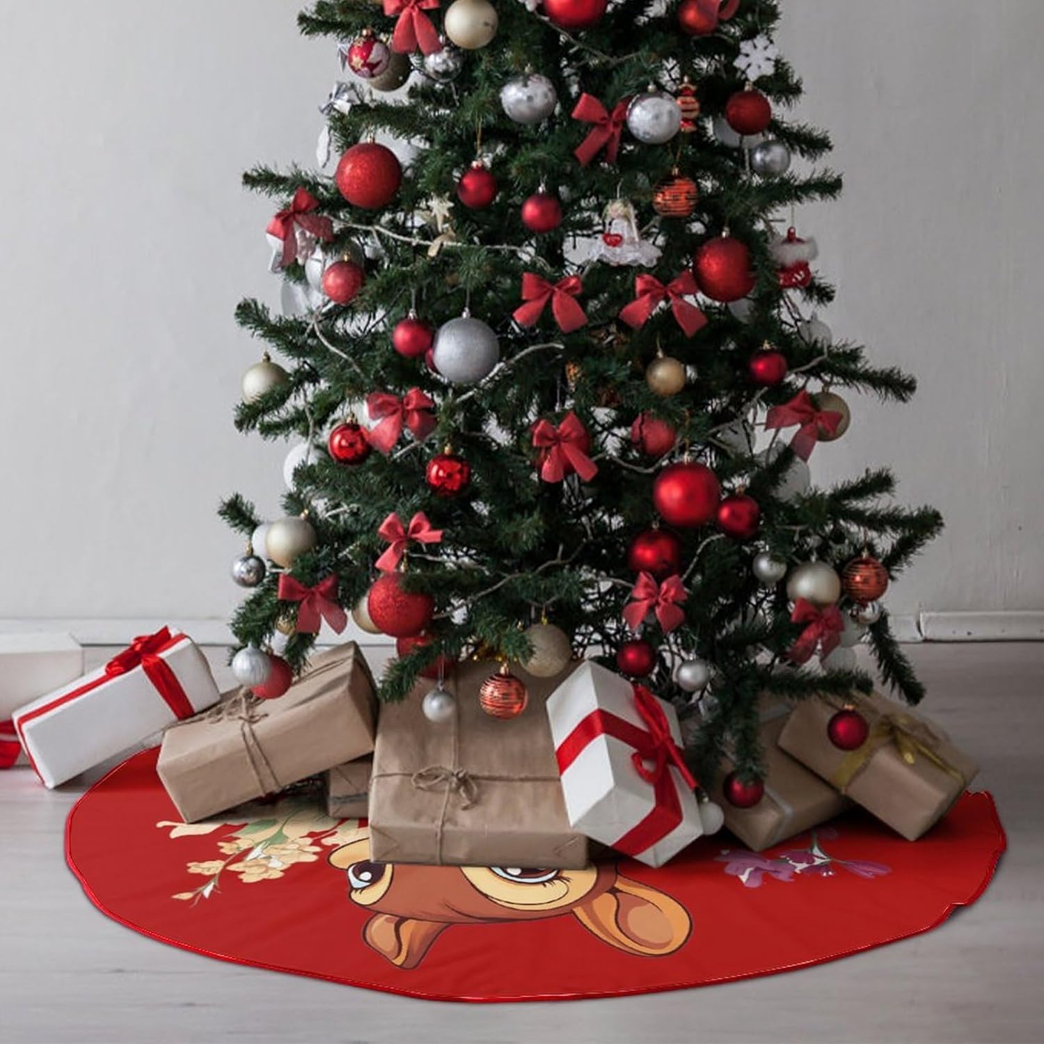 Cute Squirrel with Flowers Christmas Tree Skirt Ornaments Christmas Tree Mat for Home Party Holiday Decorations