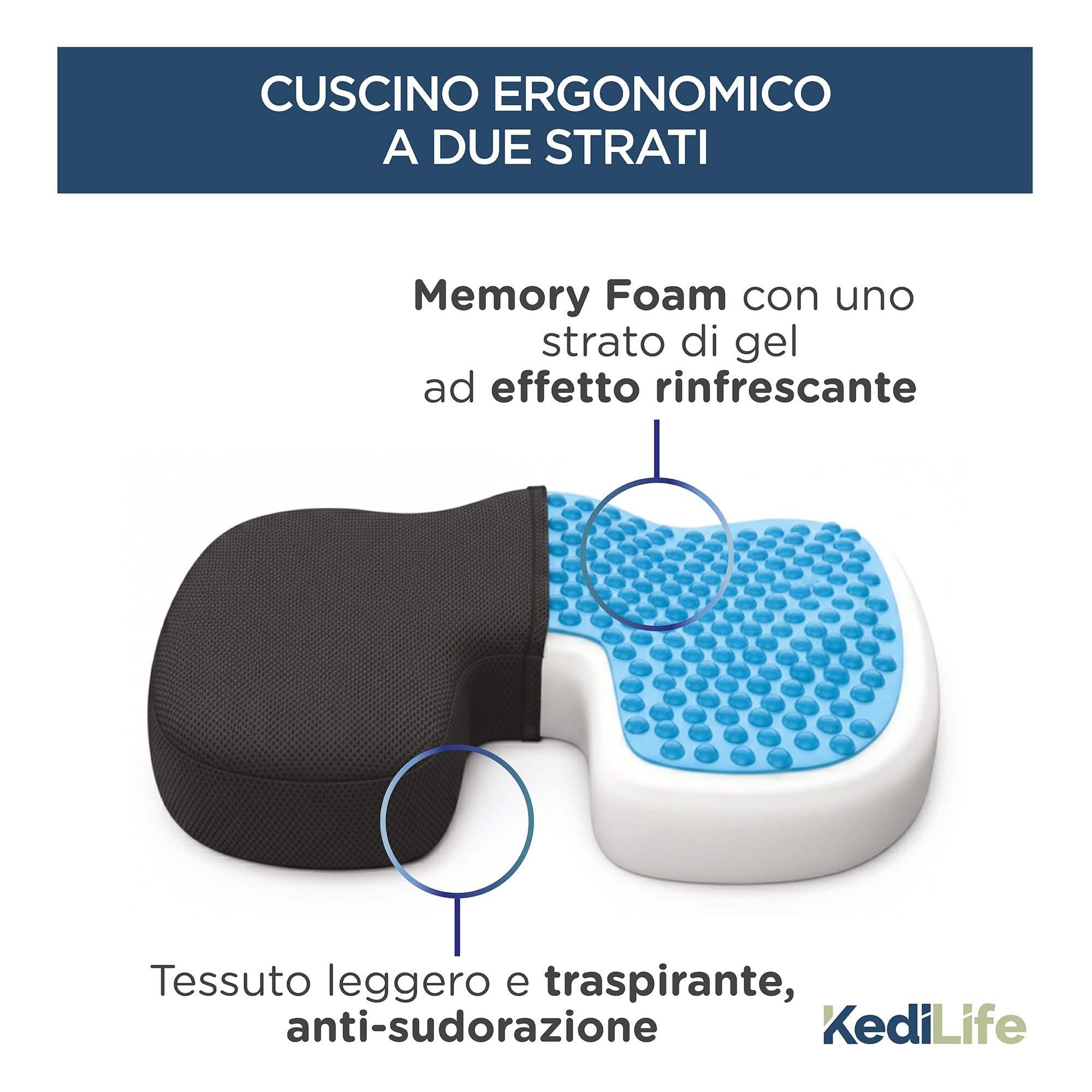 Cuscino Sedia Ufficio - Cuscino Ergonomico Sedile Auto Guidatore - in Memory Foam Traspirante e Sfoderabile - Ideale per Lavoro, Smart Working, Casa, Gaming e Sedia a Rotelle