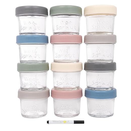 WeeSprout Glass Baby Food Storage Jars w/Lids (4 oz, 12 Pack Set) Snack, Puree, Reusable Small Containers, Fridge or Freezer, Microwave & Dishwasher Safe, Essential Must Have for Infants