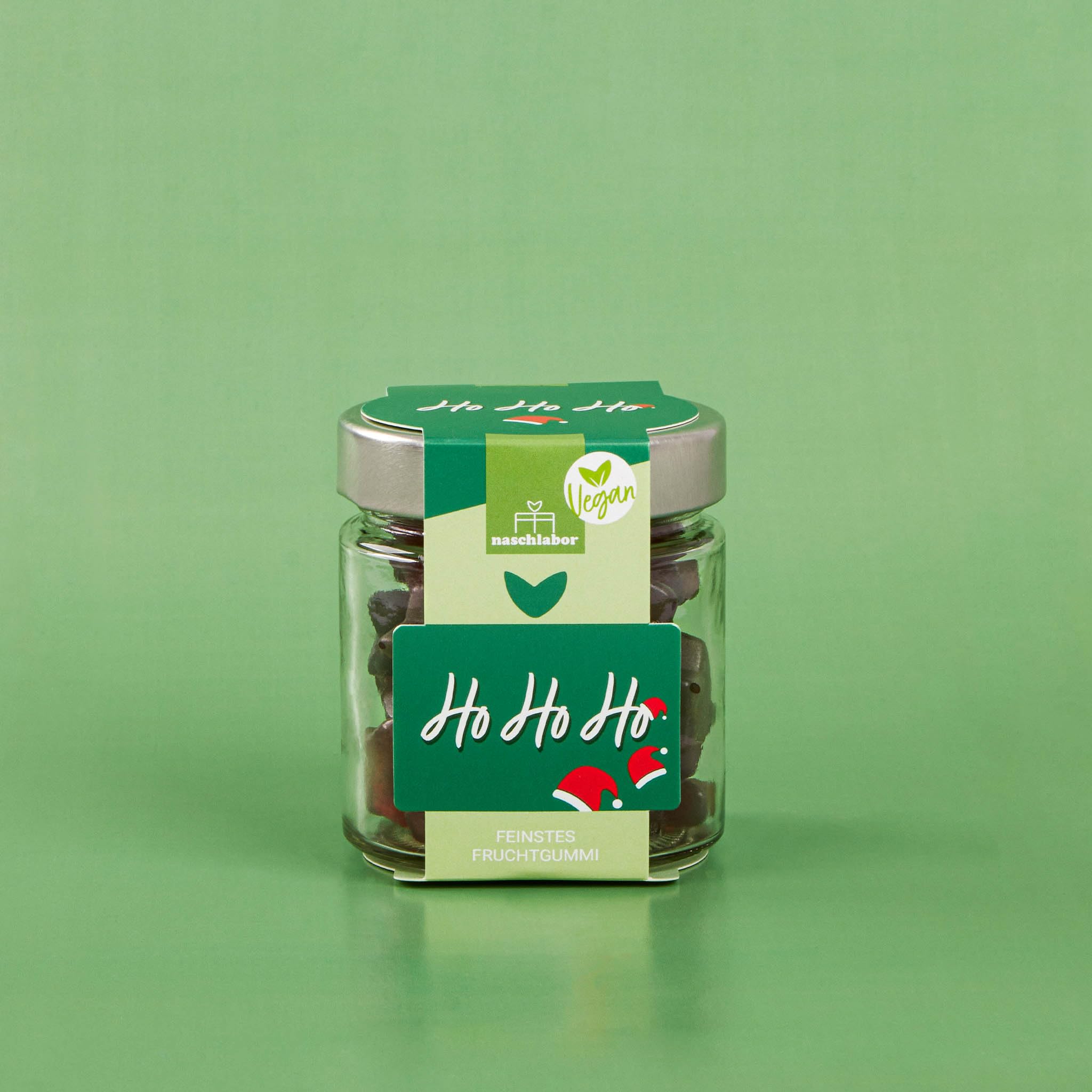 Vegan Ho Ho Ho Fruchtgummi in Geschenkglas 120g | Veganes Geschenk für Familie, Freunde und Kollegen | 20% sortenreiner Fruchtsaft | Mitbringsel Geschenk für Weihnachten und Nikolaus