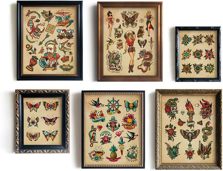 Tattoo Shop Wall Decoration - 11x14 Old School Tattoo Pictures - Vintage Tattoo Poster Picture Set - Gift for Tattooist - Tattoo Flash Wall Art & Decor - Oddity and Curiosity Decor Tattoo Print Room