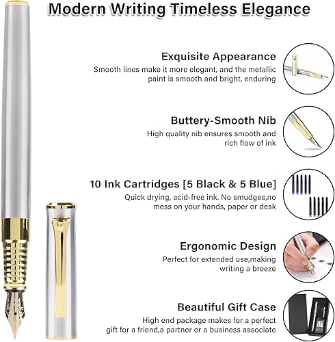 Miniatura 3 de lucilynx Pluma estilográfica con punta media, incluye 10 cartuchos de tinta, 2 convertidores de recarga de tinta y caja de regalo premium, pluma