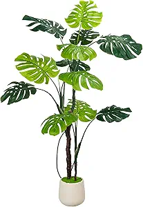 Large Artificial Monstera Deliciosa Fake Plant with White Planter, 5Ft Faux Floor Plants Fake Tropical Tree with Pot for Indoor Outdoor Office House Living Room Home Decor