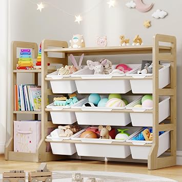Toy Storage Organizer with 3 Bookshelf and 9 Bins, Solid Wood