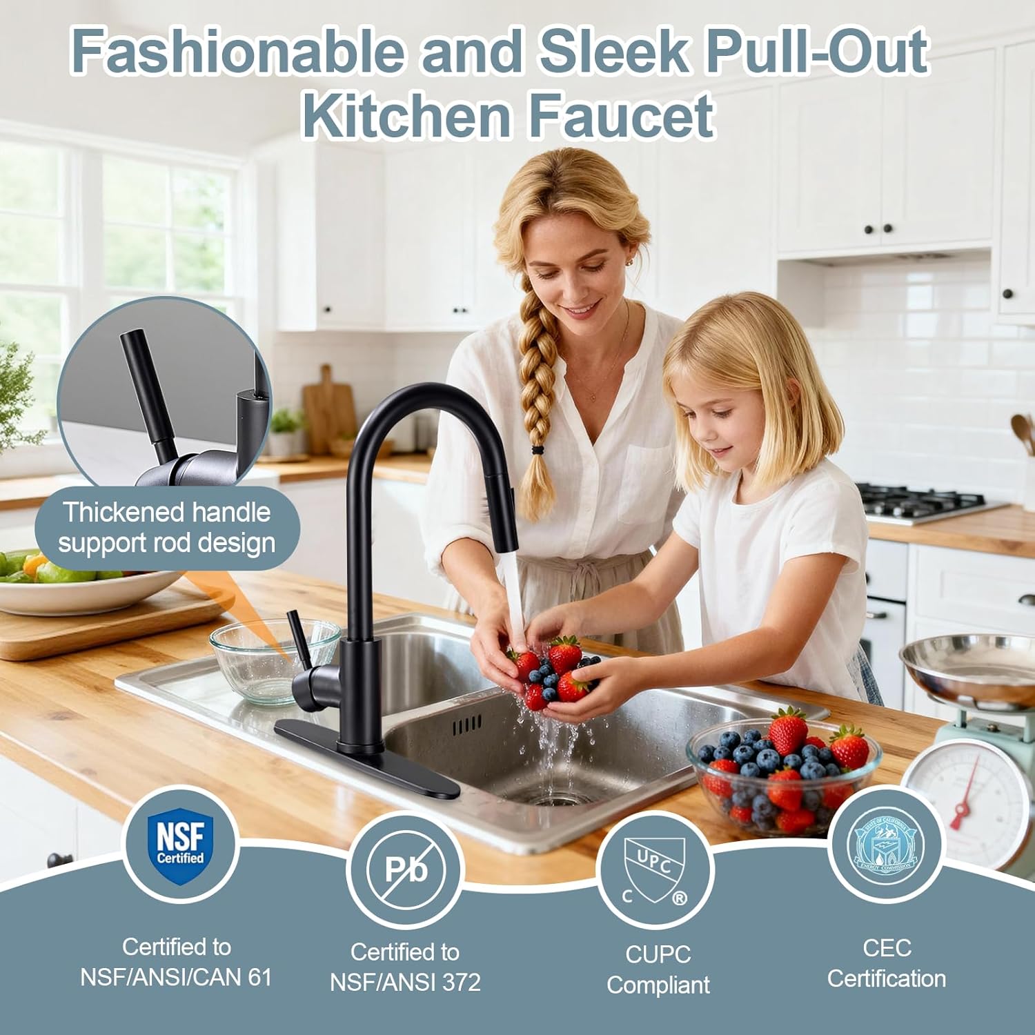 Kitchen Faucets with Pull Down Sprayer, Matte Black Single Handle High Arc Stainless Steel Sink Faucet with Deck Plate, 1 or 3 Hole Deck Mount for RV, Bar, Farmhouse, Laundry, Outdoor