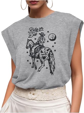 Western Cowgirl Tank Tops Women Country Music Cap Sleeve Crop Top Rodeo Cowboy Graphic Tee Shirt