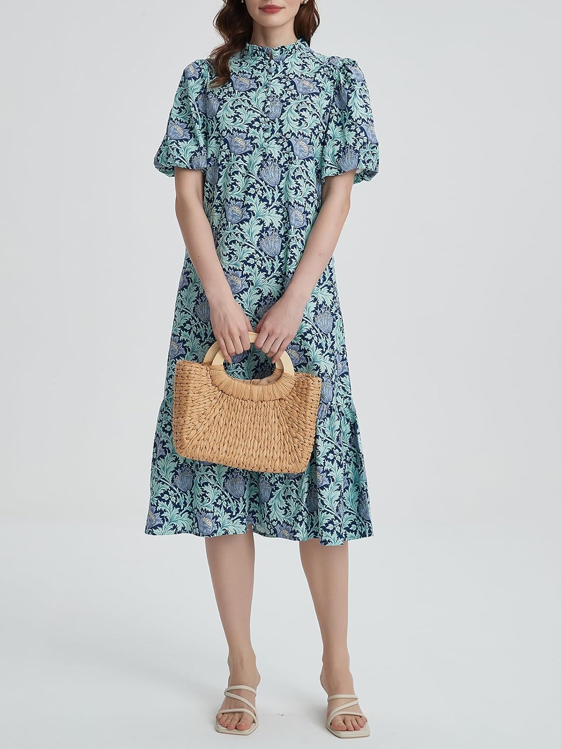 Summer Floral Midi Dress for Women Spring Puff Short Sleeve Button Down Flowy Boho Dresses - Image 3