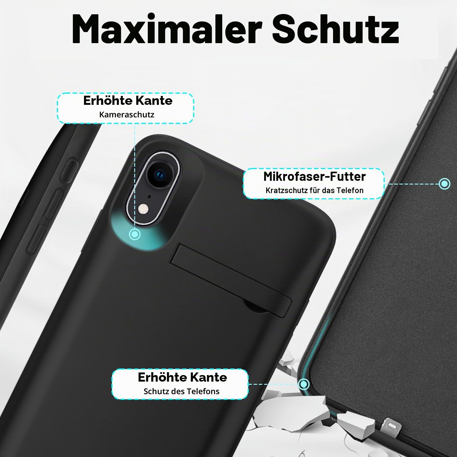 Akkuhülle für iPhone XR, 8500mAh schlanke wiederaufladbare Hülle mit erweiterter Ladefunktion Powerbank mit Standfuß, tragbare Schutzhülle mit Akku für iPhone XR, 6,1 Zoll – Schwarz