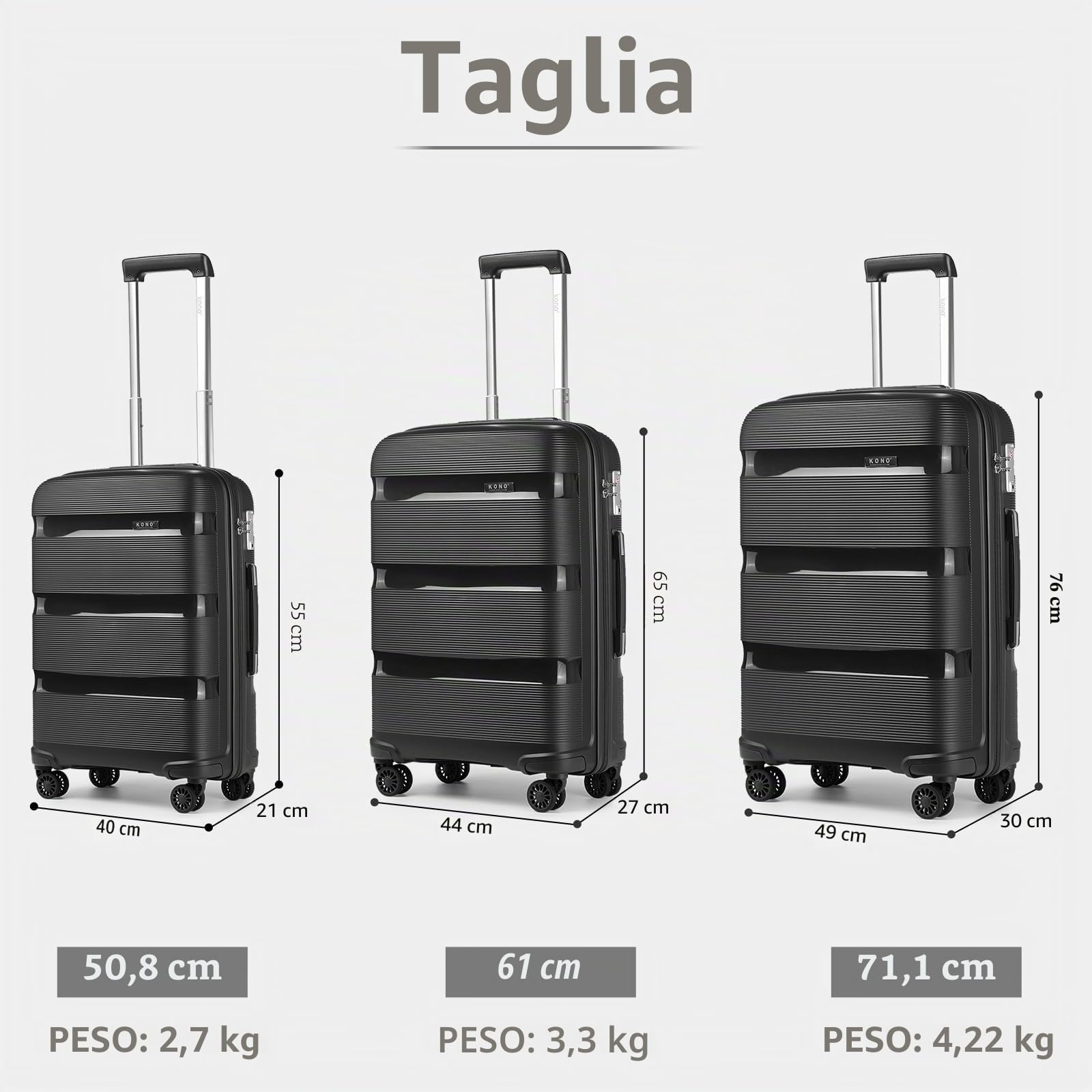KONO Valigia Grande Trolley Media Bagaglio a Mano Rigida e Leggera in Polipropilene con 4 Ruote e TSA Lucchetto