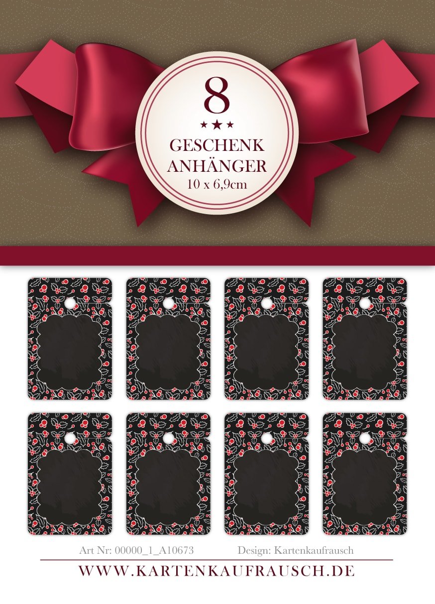 10 x 8 schöne Weihnachts Geschenkanhänger farbig, Papieranhänger für Weihnachten im Tafel Look mit roten Beeren zum Beschriften, für Geschenkverpackung • um Geschenke schöner zu schenken