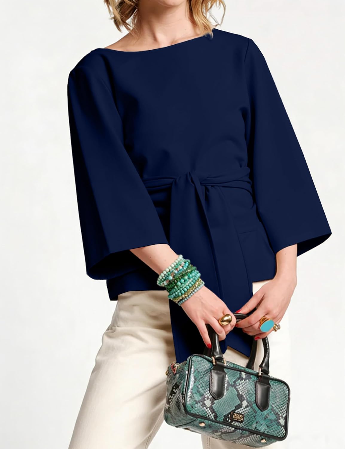 Women's Waist Belted Blouse Crew Neck 3/4 Trumpet Sleeve Casual Tunic Loose Fit Tops