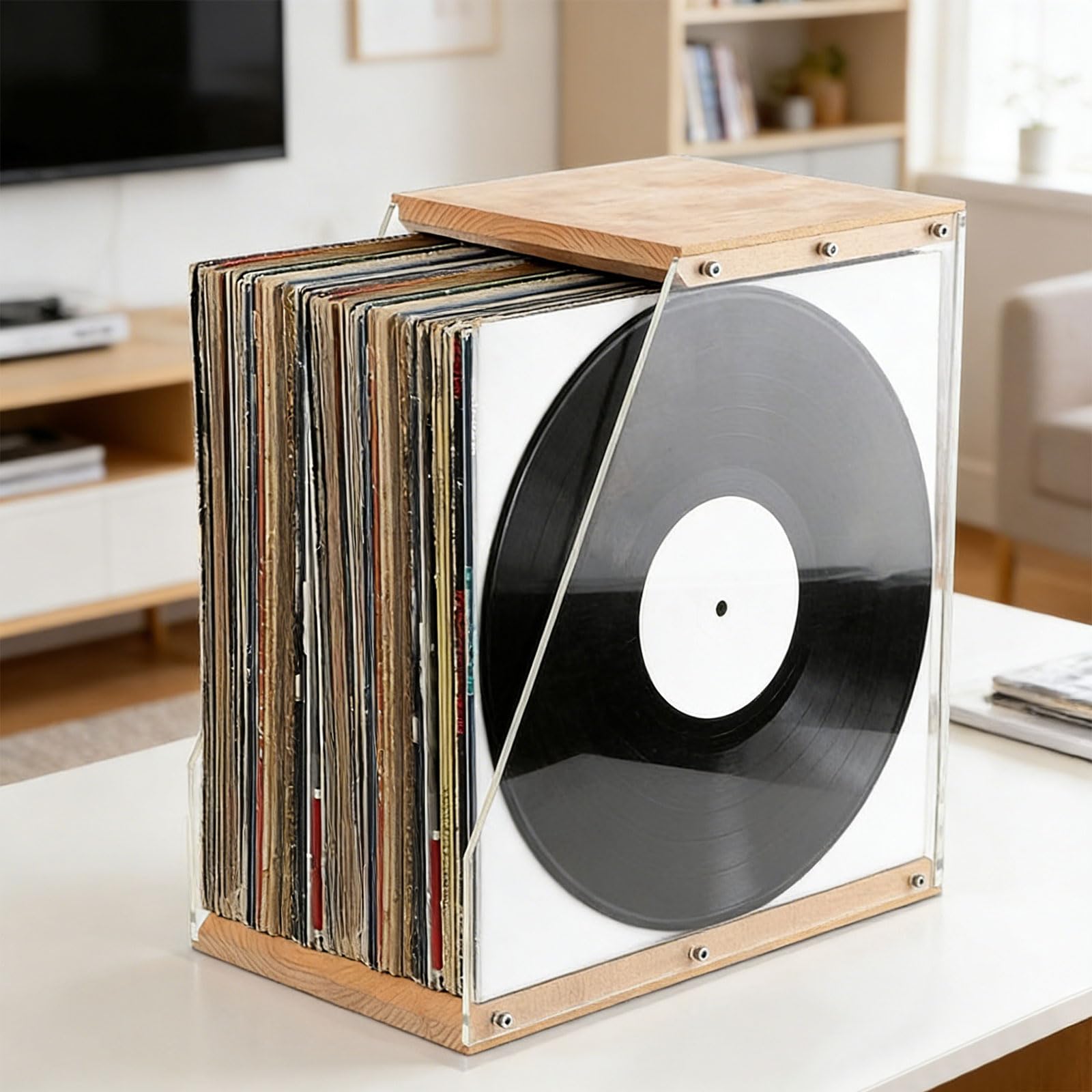 Portadischi per vinili capacità, pannelli laterali in legno e acrilico trasparente, contenitore per album e display, regalo per appassionati musica