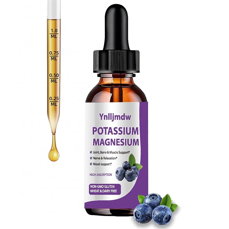 Ynlljmdw Suplemento líquido de potássio e magnésio com vitamina D3, zinco, vitamina C, vitamina B6, L-teanina, passiflora e erva-cidreira, sabor blueberry, 60 mL