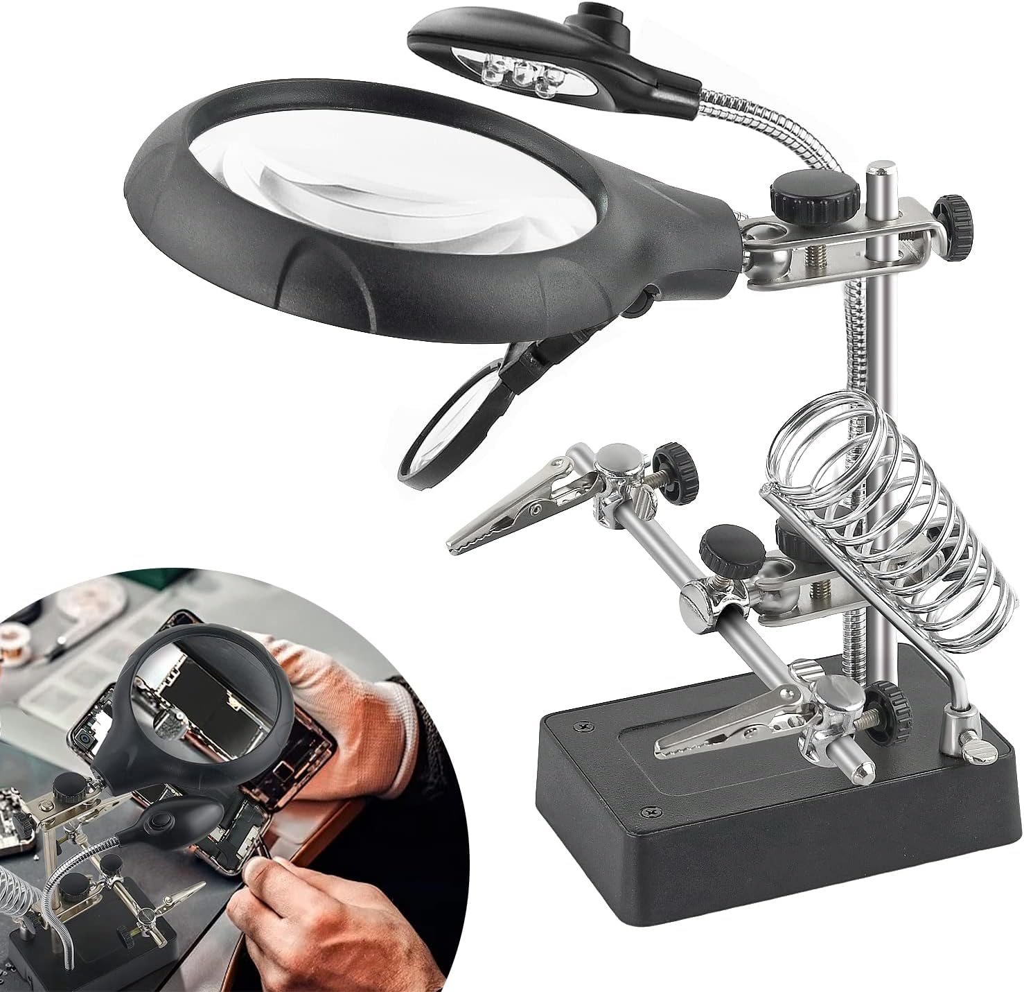 Vludiss Desktop LED Lighted Magnifying Glass Soldering Station, 2.5X 7.5X 10X Helping Hands Magnifier Soldering Station & Desk Lamp Hands Free Auxiliary Clips Alligator Clamp Stand Repair Kits