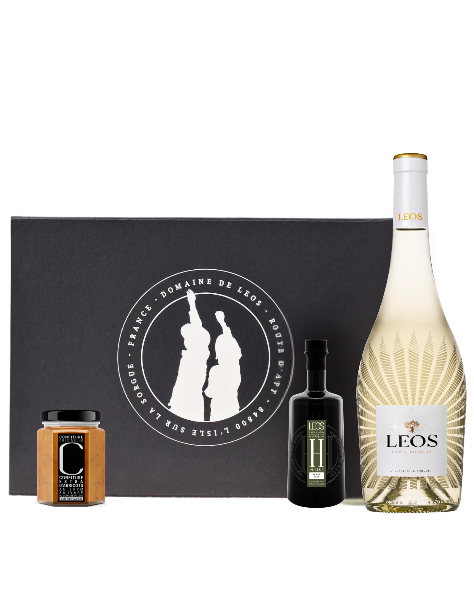 LEOS - Coffret Cadeau Gastronomique - Gourmandises de Noël - 3 Produits - Vin Blanc - Huile D'Olive Fruité Vert - Confiture d'Abricot