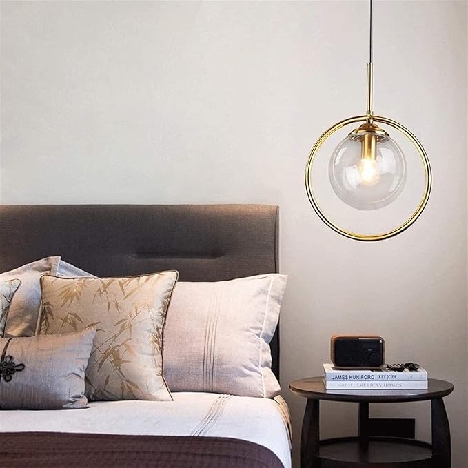 FanXus bolvormige hangers licht Noord-Europa glas 1-lichts kroonluchter slaapkamer keuken bal hangers lamp restaurant salon villa hangers lantaarn loft bar toonbank hangende klem, metaal, E14, goud Change photo 2
