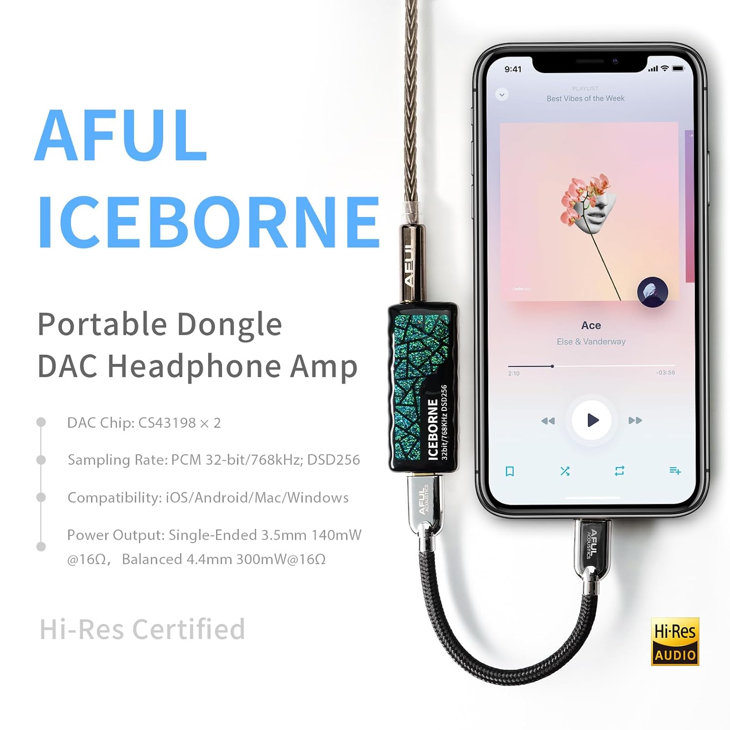HiFiGo AFUL ICEBORNE Portable DAC Amp with 4.4mm Balanced Output, Dual CS43198 USB C DAC for IEMs & Headphones, 1µV Noise Floor, 300mW Hi-Res Audio Dongle for PC/Mac/iPhone/Android/Switch/PS5