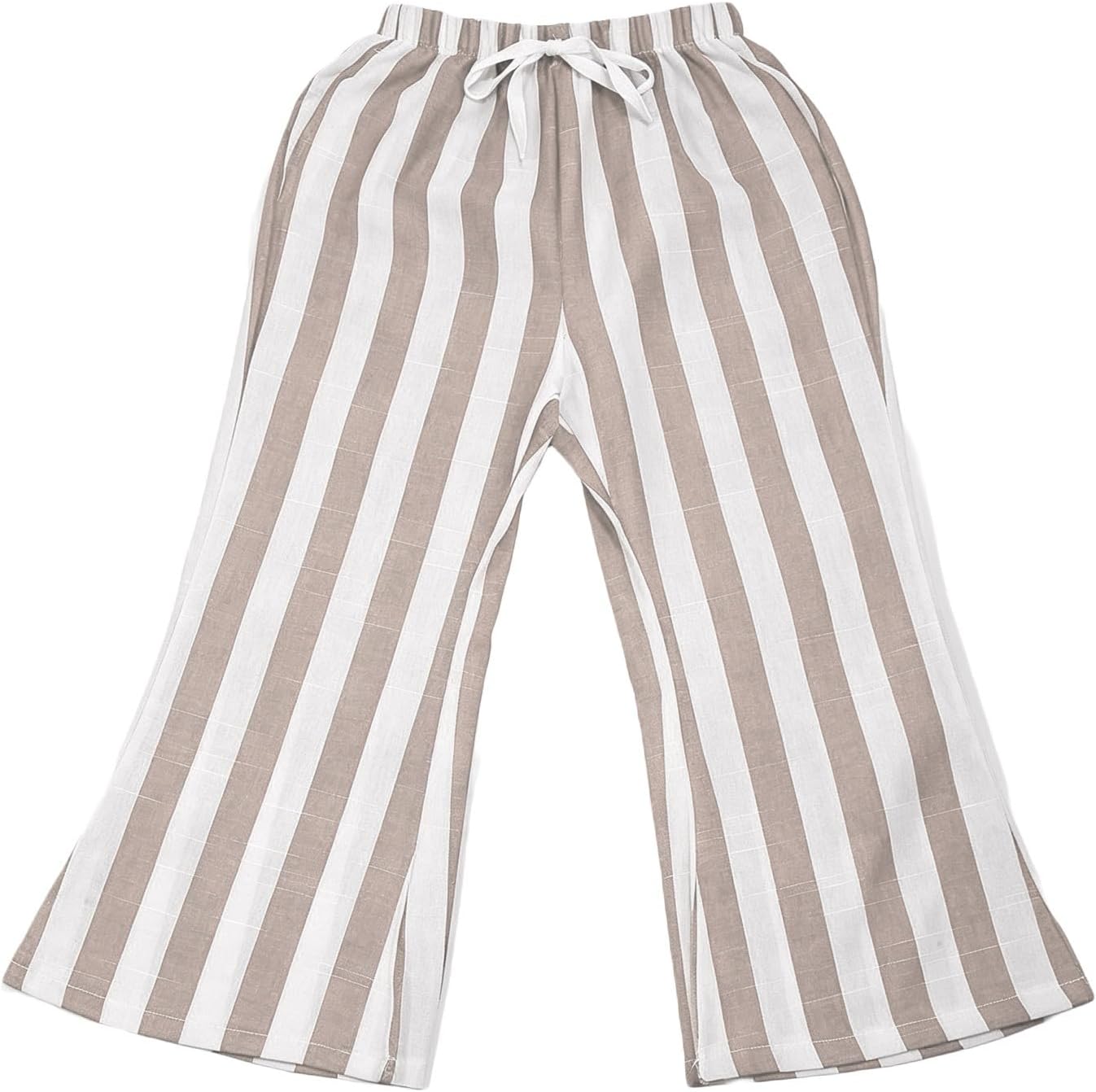 Toddler Girls Striped Linen Bell Bottom Wide Leg School Uniform Flare Pants Elastic Waist Summer Casual Beach Pants