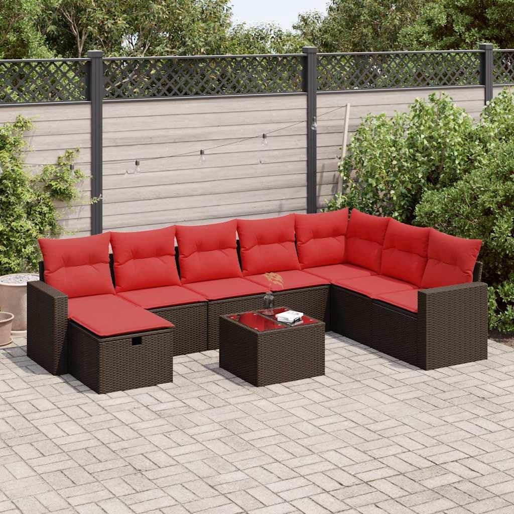Set di divani da giardino in polyrattan marrone, 9 pezzi, con cuscino, contenitore e borsa impermeabile, per terrazza e balcone, resistente ai raggi UV, portata 110 kg