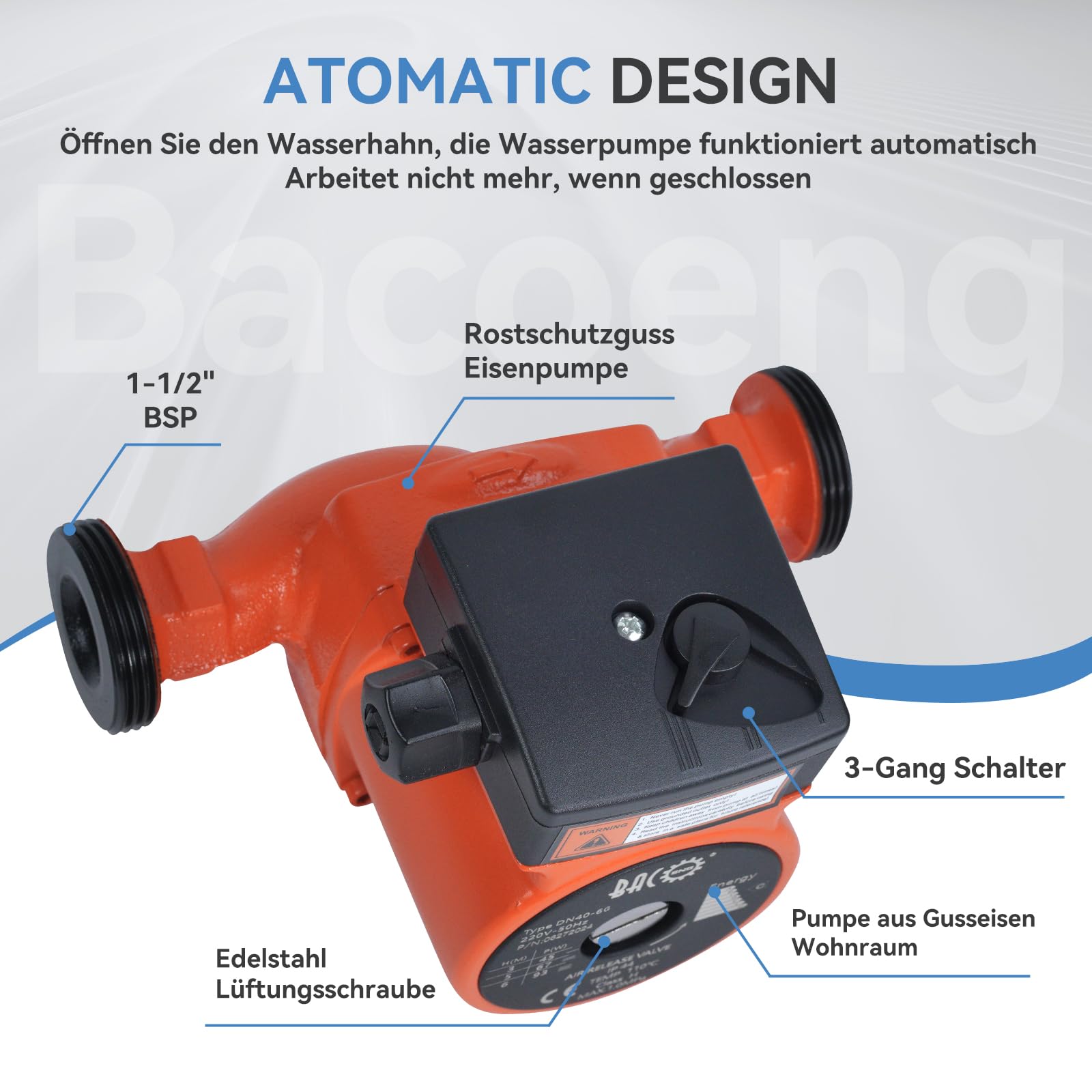 BACOENG Pompa di Circolazione Pompa di Riscaldamento RS 25/6-180 Circolatore Pompa Acqua per Riscaldamento Centralizzato 220V/50 Hz