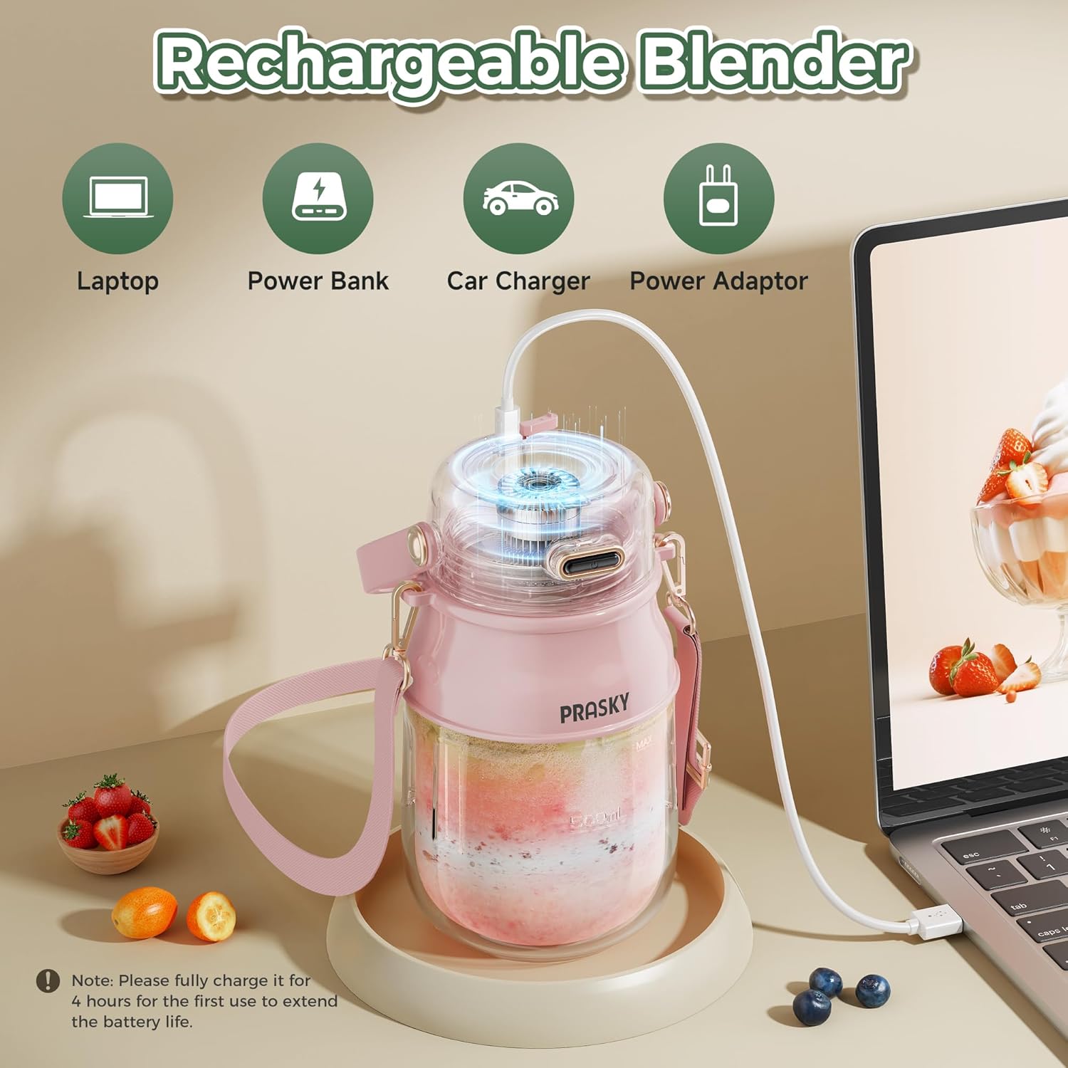Portable Blender, Prasky Personal Blenders for Shakes and Smoothies with 27oz Cup, Lid and Shoulder Strap, Type-C USB Rechargeable, Personal Size Blenders BPA-free for Travel/Kitchen (Light Pink)