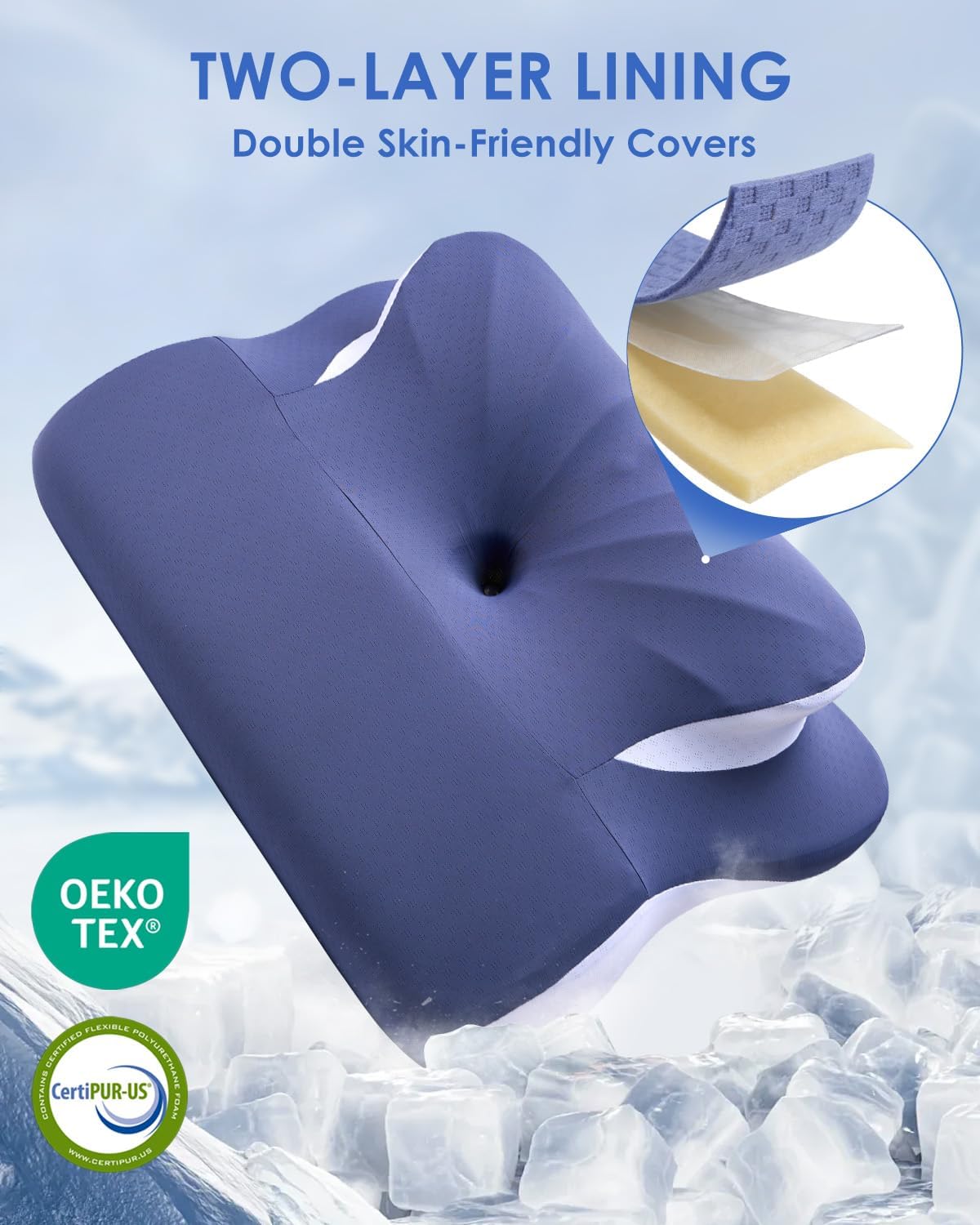 Cervical Neck Pillow for Back Side Sleepers, Memory Foam Double-Side Ergonomic Contoured Pillows with Cooling Pillowcase, Mellow Sleep Pillows for Sleeping, Pillow for Neck and Shoulder