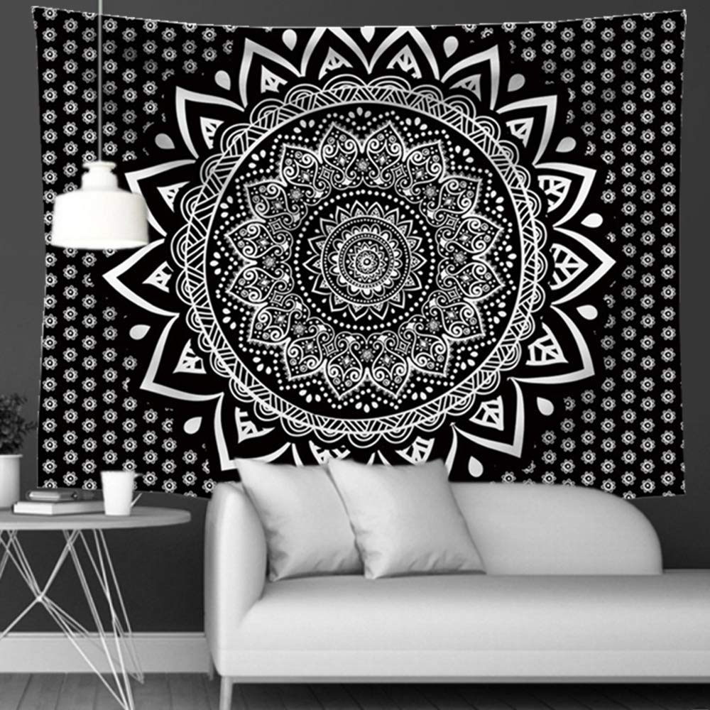 GomReck Mandala Tapestry Wall Hanging, Bohemian Living Room Wall Decor for Women Girls, Black and White Boho Medallion Tapestry for Room (51 x 59inch, Black)