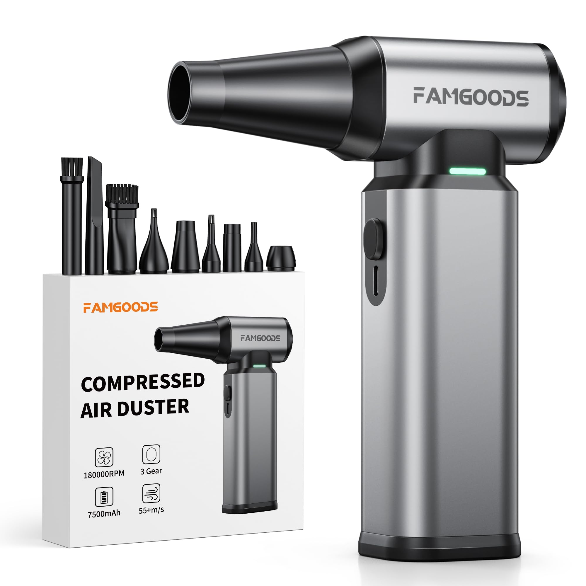 Famgoods Compressor Air Duster, Super Power Cordless Electric Air Duster, 180000RPM 3-Gear Adjustable Mini Blower with LED Light for Keyboard, Car, Electronics