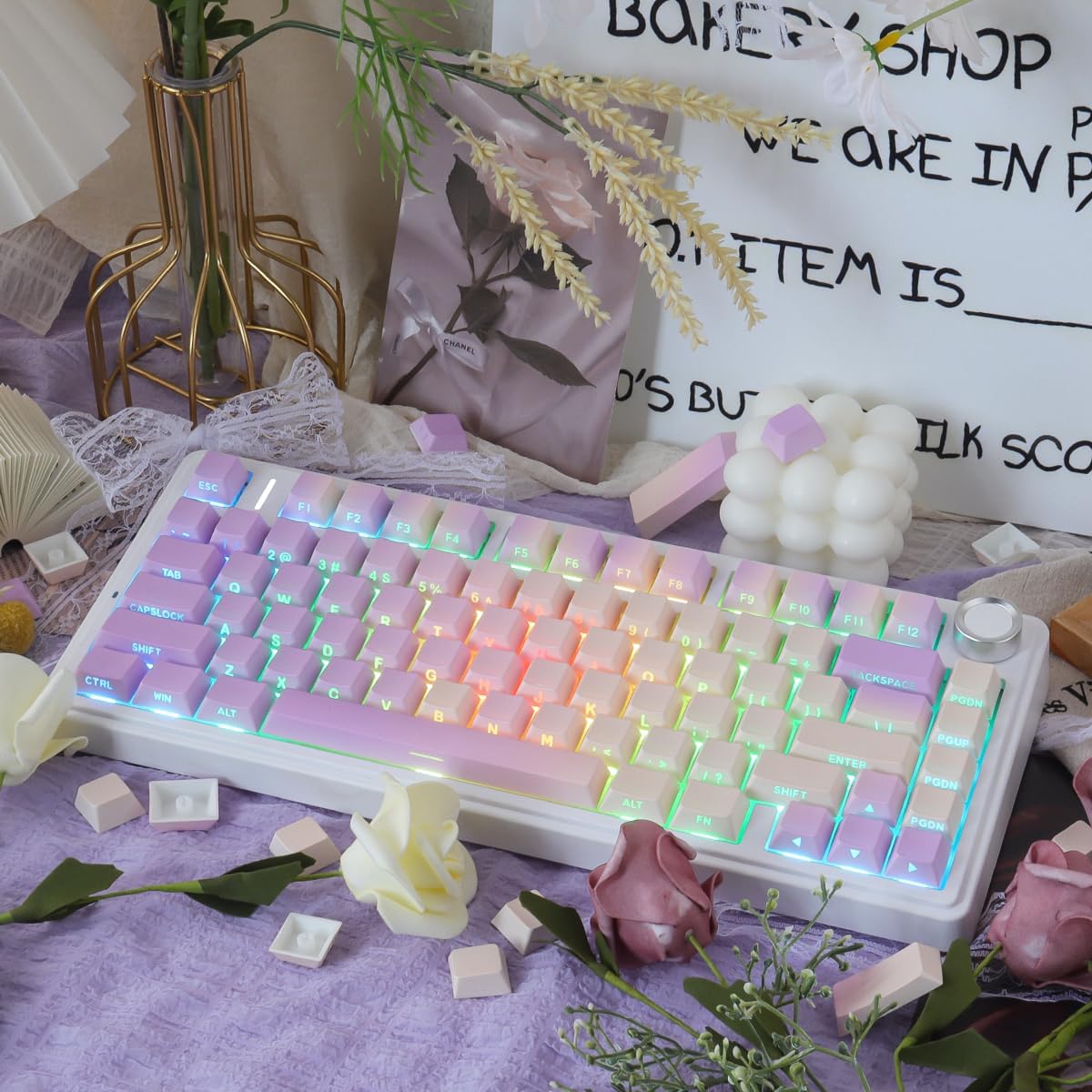 Sunzit PBT Keycaps - Taro Milk Tea Side Printed Keycap Set,133 Keys Shine Through Custom Key caps, Dye-Sublimation Cherry Profile Keycap for MX Switches Mechanical Keyboards