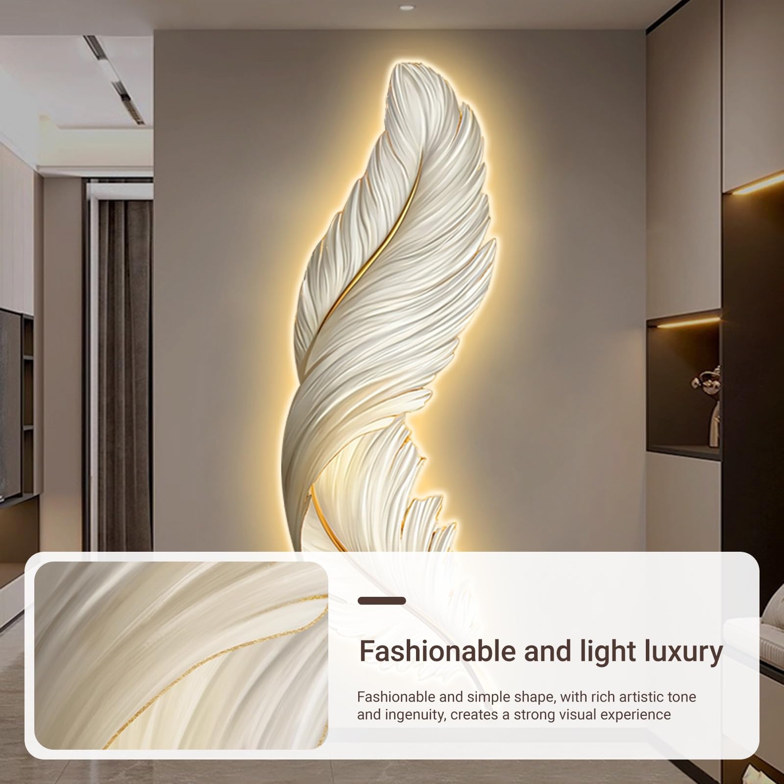 Decorazione murale 3D, Arte murale con luci a LED, Grande Scultura da Parete a Forma di Piuma, per Ingresso, corridoio, Camera da Letto, Alimentazione a Spina(A,30 * 80cm/11.8 * 31.5in)
