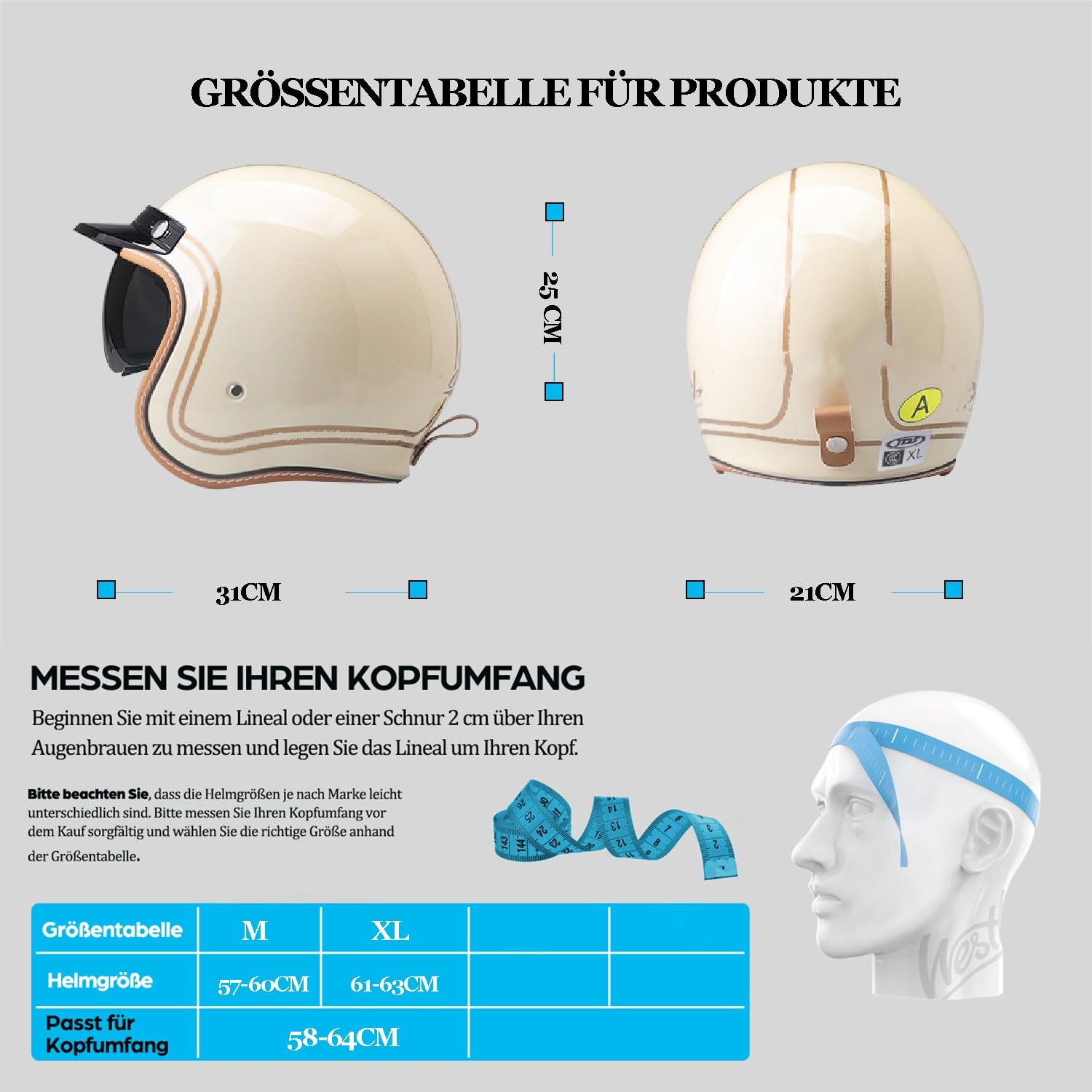 Retro 3/4 Motorrad Helm Jethelm Vintage-Roller-Helm, DOT/ECE-Zertifizierter Retro-Motorradhelm mit Doppelvisier, Jet-Helm Scooter-Helm für Damen und Herren, Leichter Moped-Helm