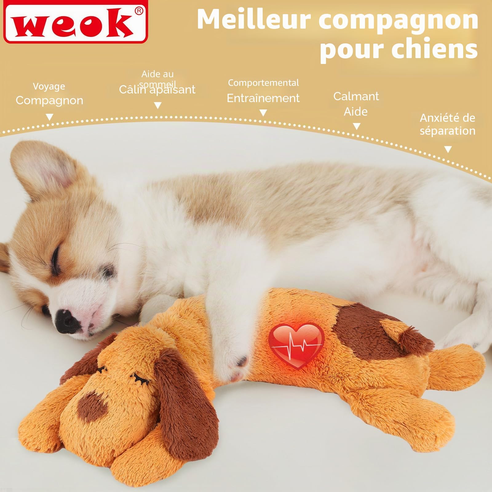 WEOK Jouet pour Chiot - Oreiller Confortable pour Soulager l'Anxiété - Jouet en Peluche pour Battements de Cœur pour Chiens et Chats